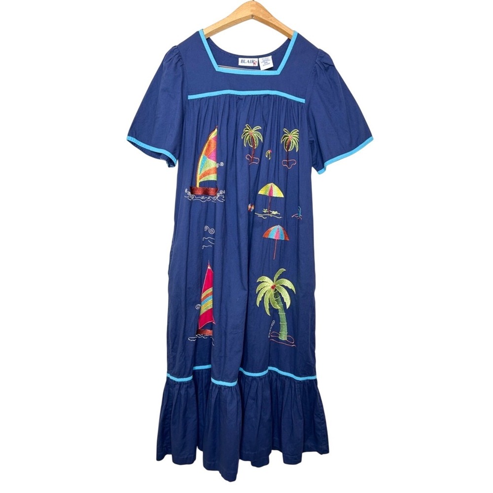 Vintage BLAIR 90's Nautical Sea Sailboat Embroidered Cotton‎ Midi Dress Blue S